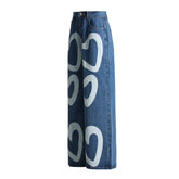 Jean taille haute drapé rétro, jambe large, pantalon droit, imprimé Love, jean ample amincissant